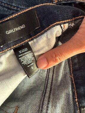 Express Girlfriend Straight Leg Jeans in Dark Blue with Brown Stitching